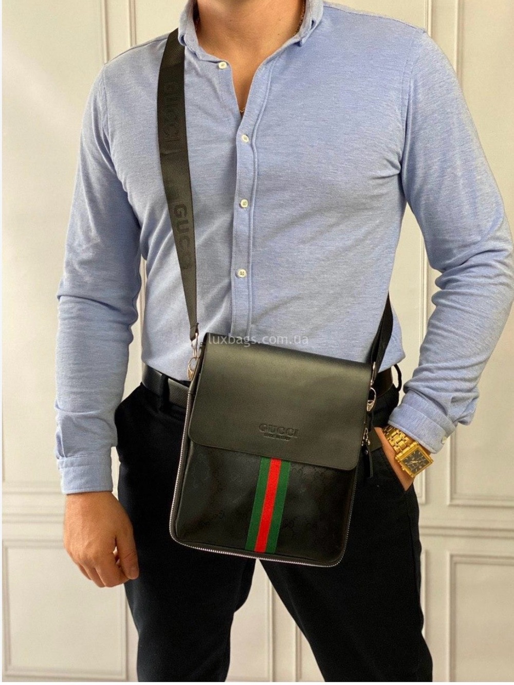 Gucci Black Leather Messenger Bag with Green-Red Web Stripe